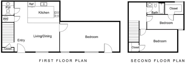 Modern two-story floor plan featuring a spacious first floor with an open kitchen, living/dining area, and large bedroom; second floor boasts two bedrooms and a full bath, offering a blend of comfort and style.