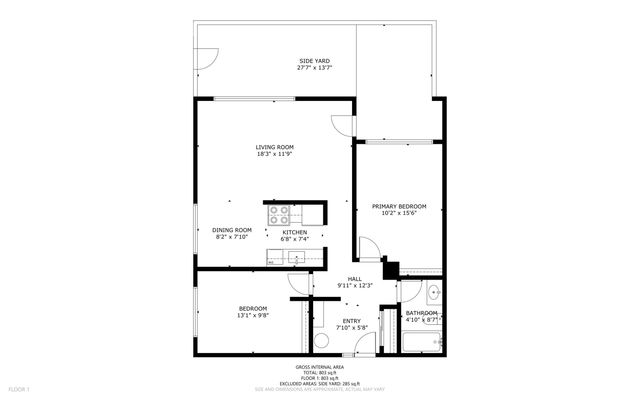 Elegant 2D floor plan featuring a spacious living room, open dining area, kitchen, primary bedroom, and additional bedroom, with a cozy bathroom and convenient side yard. Total area of 803 sq ft.