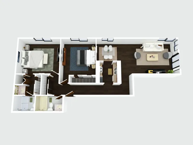 Modern 3D floor plan showcasing two spacious bedrooms, a cozy open-plan living area, and a sleek kitchen with dark wooden flooring.