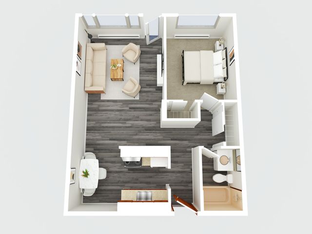 Modern 3D floor plan showcasing a cozy one-bedroom apartment with open living area, contemporary kitchen, and stylish bathroom.