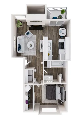 Modern 1-bedroom apartment floor plan with open-concept living and dining area, sleek kitchen, cozy bedroom, and private balcony.