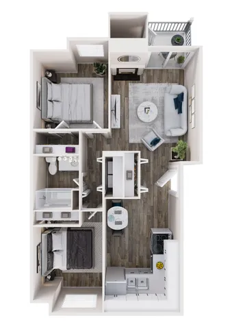 Modern 2D floor plan showcasing two bedrooms, a cozy living room, stylish kitchen, and contemporary decor with balcony access.