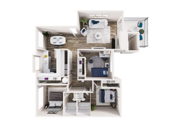 Modern 3D floor plan showcasing 3 bedrooms, a chic living room, dining area, and balcony, perfect for stylish urban living.