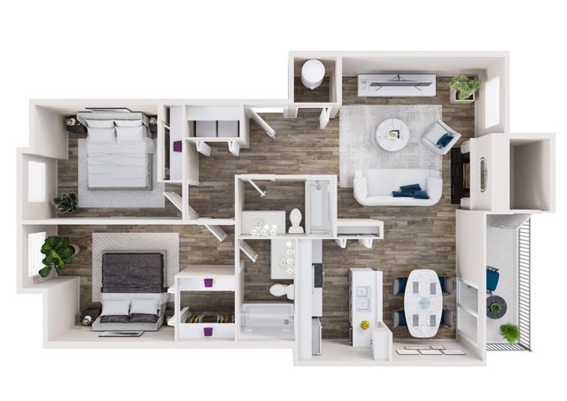 Modern floor plan showcasing 2 cozy bedrooms, open living and dining area, sleek kitchen, and private balcony.