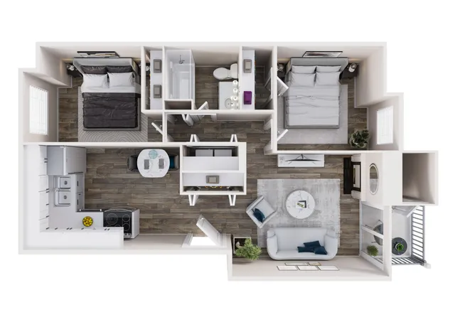 Modern 2-bedroom apartment floor plan featuring a cozy living area, stylish kitchen, and a private balcony.