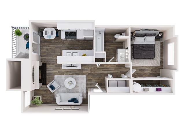 Modern 1-bedroom apartment floor plan showcasing an open layout with a stylish kitchen, cozy living area, and private balcony.