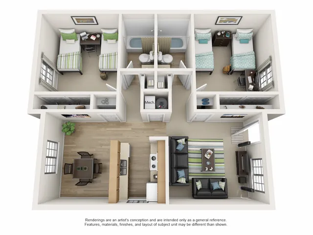 2-bedroom 2-bathroom apartment floor plan at The Branbury student apartments in Provo, UT near Brigham Young University