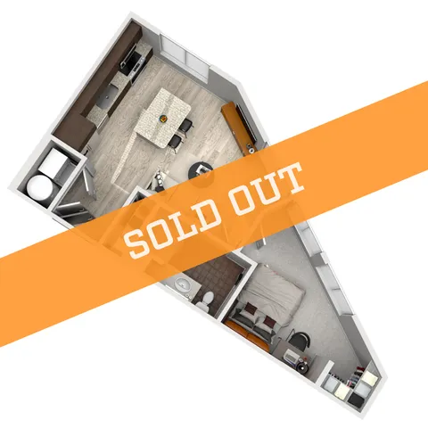 Chic 3D floor plan of a modern one-bedroom apartment with open kitchen and cozy living space, marked as sold out.