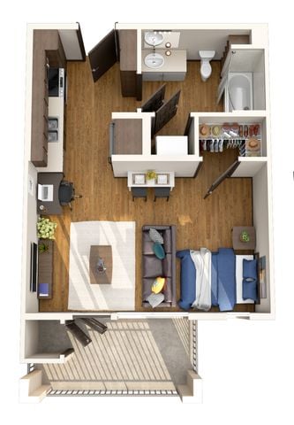 Chic 1-bedroom apartment floor plan with open living area, modern kitchen, spacious bathroom, and inviting balcony.