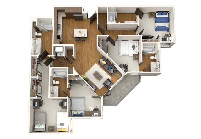 Modern 3D floor plan showcasing three spacious bedrooms, open living area, stylish kitchen, and two elegant bathrooms, ideal for comfortable living.