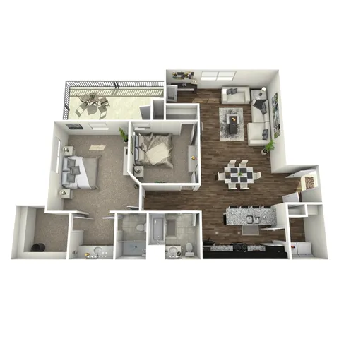 Wilshire 2-bedroom apartment floor plan with kitchen island and balcony at Corbin Crossing Overland Park KS