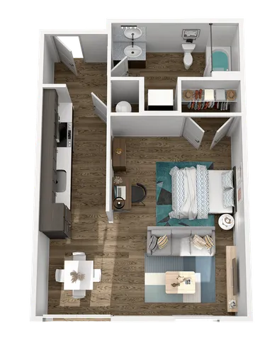 Studio A floor plan with open living area, modern kitchen, and stylish bathroom at Wabash Lofts student apartments near Purdue University in West Lafayette Indiana