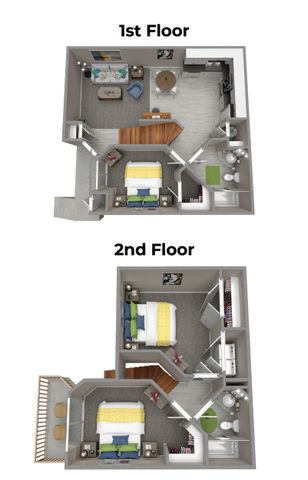 Modern duplex floor plan of 255 North showcasing a welcoming living area and kitchen on the 1st floor, with three cozy bedrooms on the 2nd floor, featuring stylish decor and functional spaces.