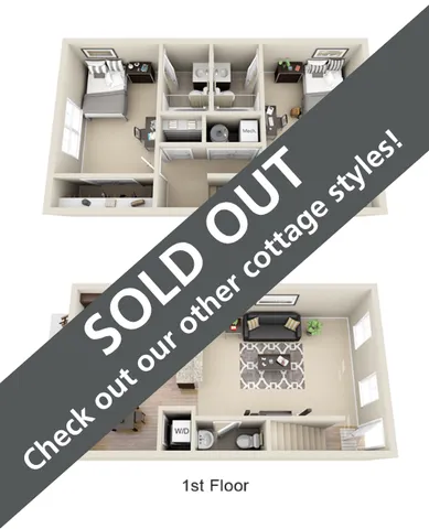 Explore our cozy cottage-style 2D floor plan featuring 2 bedrooms and an inviting open-concept living space. Stylish design with modern amenities.