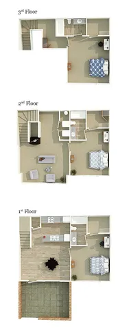 Charming three-story townhouse floor plan with three cozy bedrooms, a modern open-plan kitchen, inviting living area, and a sleek bathroom on each floor.