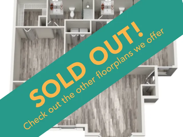 Chic 3D floor plan showcasing modern apartment layout with two bathrooms and inviting living space, marked as sold out. Explore our other stunning floor plans available.