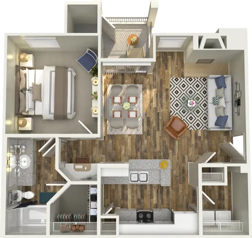 Modern open-concept floor plan showcasing a cozy bedroom, chic living area, stylish kitchen, and inviting balcony.