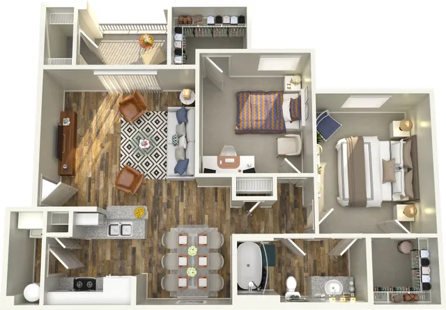 Modern 3D floor plan showcasing a cozy two-bedroom apartment with an open-concept living room, stylish dining area, and a fully-equipped kitchen. Includes two bathrooms, a small office space, and a private balcony for relaxation.