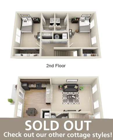 Charming 3D floor plan showcasing a two-story cottage with a cozy living room, modern kitchen, and three comfortable bedrooms. Ideal for exploring other available cottage styles.