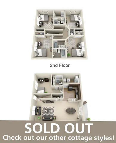 Inviting 3D floor plan showcasing a two-story cottage with spacious open-concept living area, modern kitchen, and cozy bedrooms.