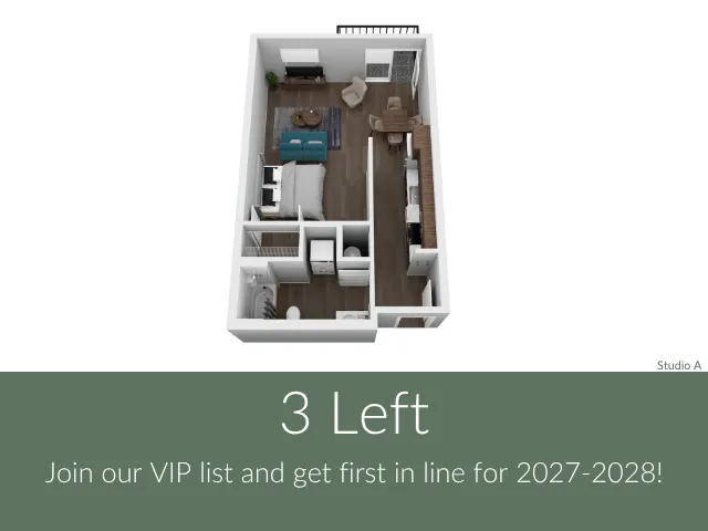 Modern 3D studio apartment floor plan featuring an open living area, sleek kitchen, and cozy bedroom space.
