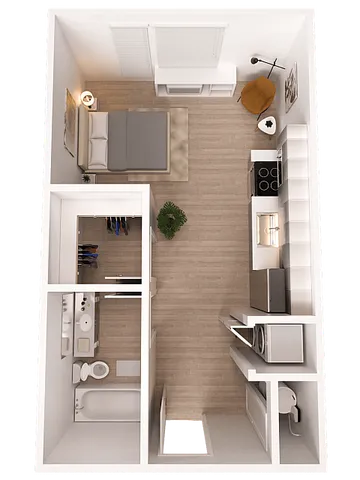 Modern studio apartment floor plan with cozy living area, stylish kitchen, and sleek bathroom.