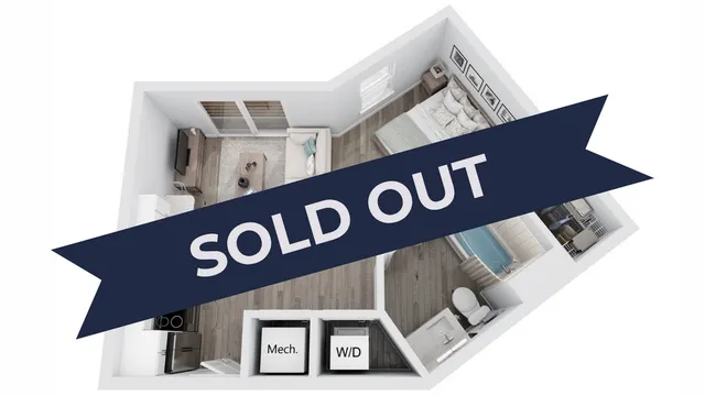 Modern 3D apartment layout showcasing a cozy living space, stylish bedroom, and functional kitchen with \'Sold Out\' banner prominently displayed.