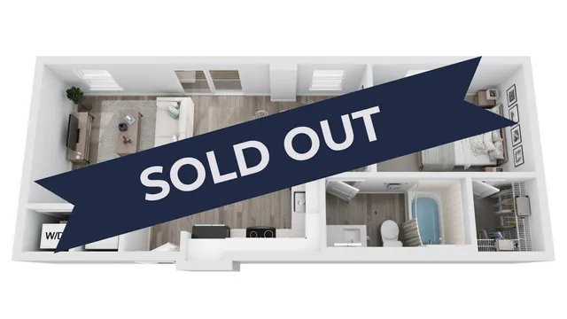 Modern apartment floor plan with a cozy living area, stylish kitchen, and chic bathroom, marked as sold out.