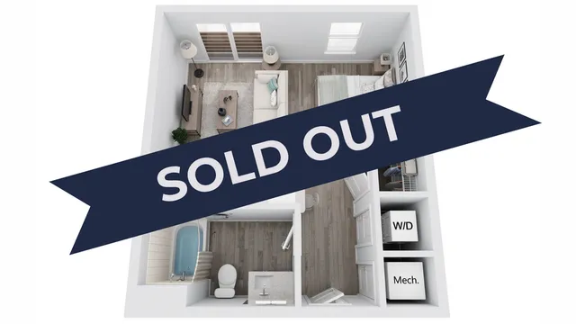 Chic and modern 1-bedroom apartment floor plan with open living area, stylish kitchen, and convenient laundry and mechanical spaces, now sold out.