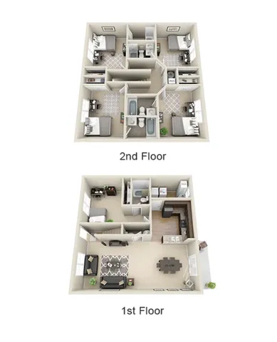 Charming 3D floor plan displaying two-story layout with 3 bedrooms upstairs and inviting living areas plus kitchen downstairs.