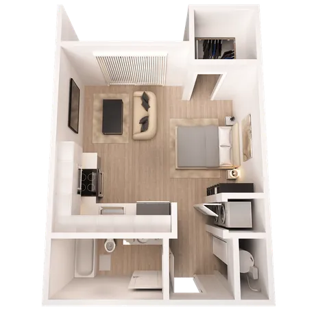 Modern 3D floor plan of a cozy studio apartment featuring an elegant bedroom, compact kitchen, and a welcoming living area.