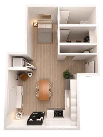 Modern 3D floor plan featuring 1 bedroom, an open-concept kitchen and dining area, and sleek wood flooring.