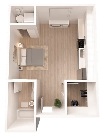 Charming 3D floor plan showcasing a cozy studio apartment with an open layout, featuring a stylish bedroom, modern kitchen, and compact bathroom.