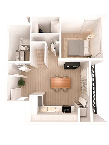Chic 1-bedroom apartment floor plan featuring an open-concept kitchen, cozy dining area, and modern bathroom.