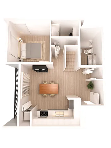Modern 3D floor plan featuring a cozy one-bedroom apartment with an open-concept kitchen and dining area, inviting living space, and a well-designed bathroom.