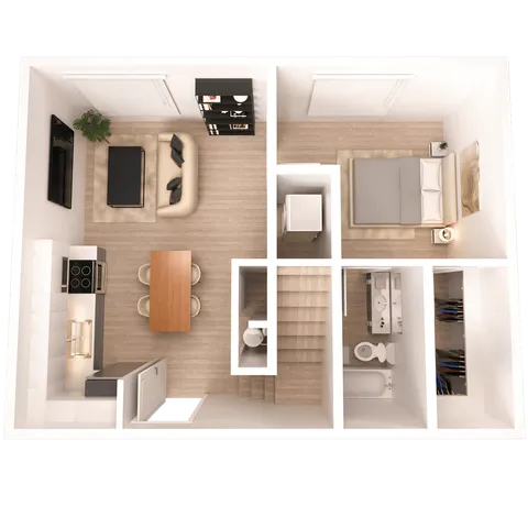 Modern 1-bedroom apartment floor plan with open-concept living and dining area, stylish kitchen, and sleek bathroom.