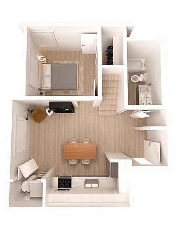 Modern apartment floor plan showcasing a cozy bedroom, stylish kitchen with island seating, inviting dining area, and sleek bathroom layout.