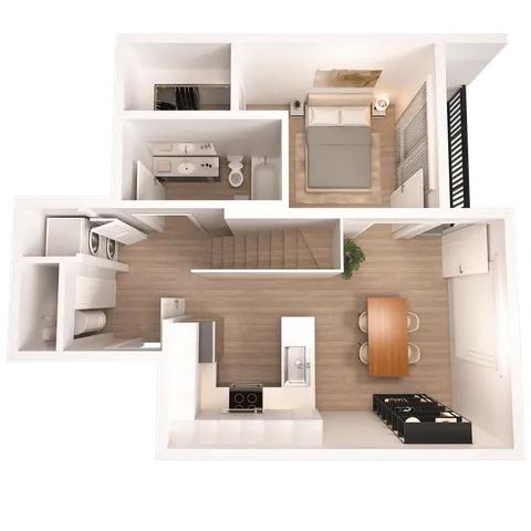 Modern 3D floor plan featuring a cozy bedroom, stylish open kitchen, and elegant dining area with a convenient bathroom and laundry space.