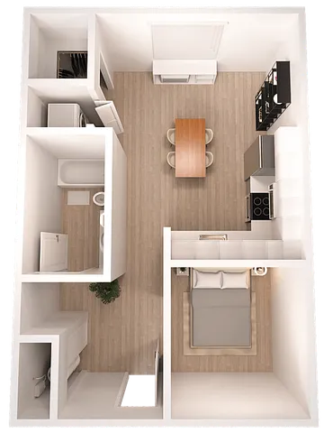 Modern 3D floor plan showcasing a cozy studio apartment with an open kitchen, stylish living area, and sleek bathroom.