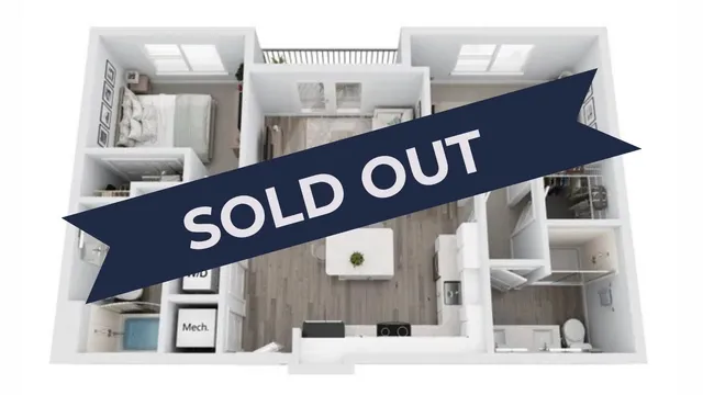 Modern 2-bedroom apartment floor plan showcasing an open kitchen and living area, now marked as sold out.