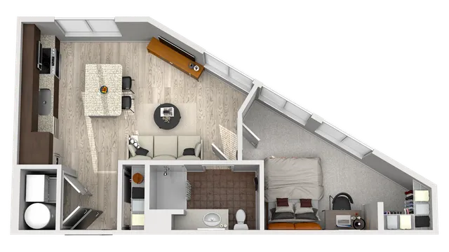 Modern one-bedroom apartment floor plan with open-concept kitchen and living area, stylish dining space, sleek bathroom, and cozy bedroom with natural light.