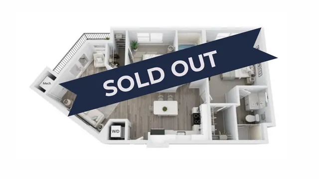3D floor plan showcasing a stylish 2-bedroom apartment with modern kitchen, open living area, and two bathrooms. SOLD OUT banner across the image indicating high demand.