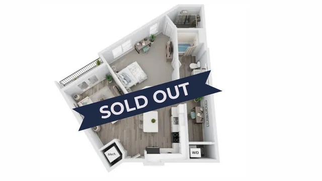 Modern 3D apartment floor plan with open living space, cozy bedroom, stylish kitchen, and balcony, marked as \'Sold Out\'.