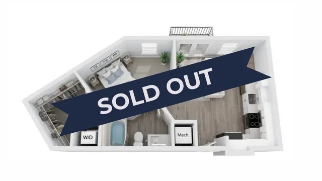 Modern 3D floor plan featuring a cozy bedroom, sleek kitchen, and stylish living area, with spacious walk-in closet and elegant bathroom. Sold out.