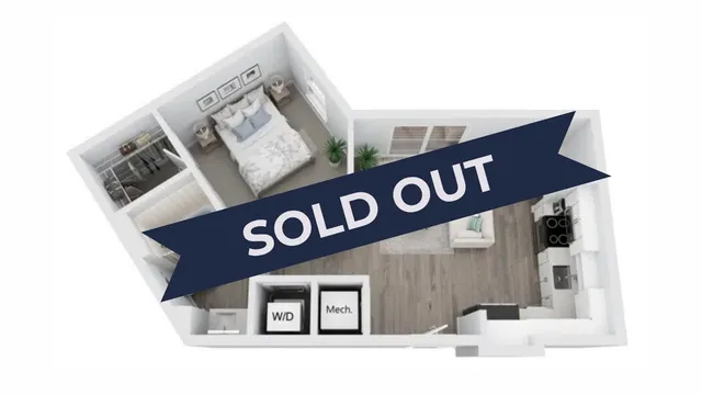 Chic 3D apartment floor plan featuring an open layout with a cozy bedroom, modern living space, and sleek kitchen, marked as Sold Out.