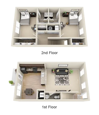 Charming split-level floor plan showcasing 3 bedrooms and 2.5 baths with a modern kitchen, cozy living area, and inviting dining space. Ideal for comfortable living and entertaining.