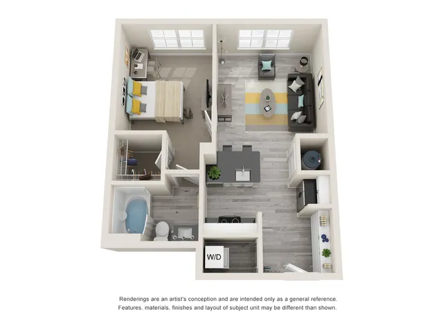 Modern apartment floor plan showcasing a 1-bedroom layout with open-concept living room and kitchen, stylish bathroom, and convenient laundry area.