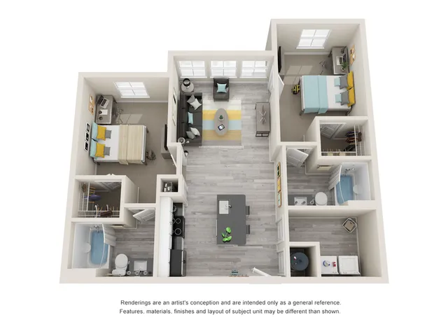 Modern 3D floor plan showcasing 2 spacious bedrooms, an inviting open-concept living area, and a sleek kitchen with a central island.