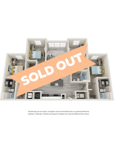 Modern 3D apartment layout showcasing 3 spacious bedrooms, stylish open-concept living area, and contemporary kitchen design. SOLD OUT highlight emphasizes popularity and demand.