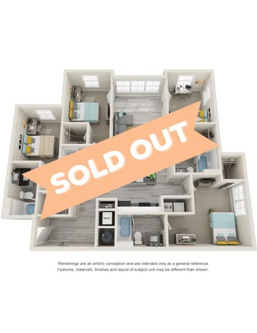 Modern 3D apartment layout showcasing three bedrooms, a stylish open living area, and a sleek kitchen. Highlighted with a \'Sold Out\' banner.